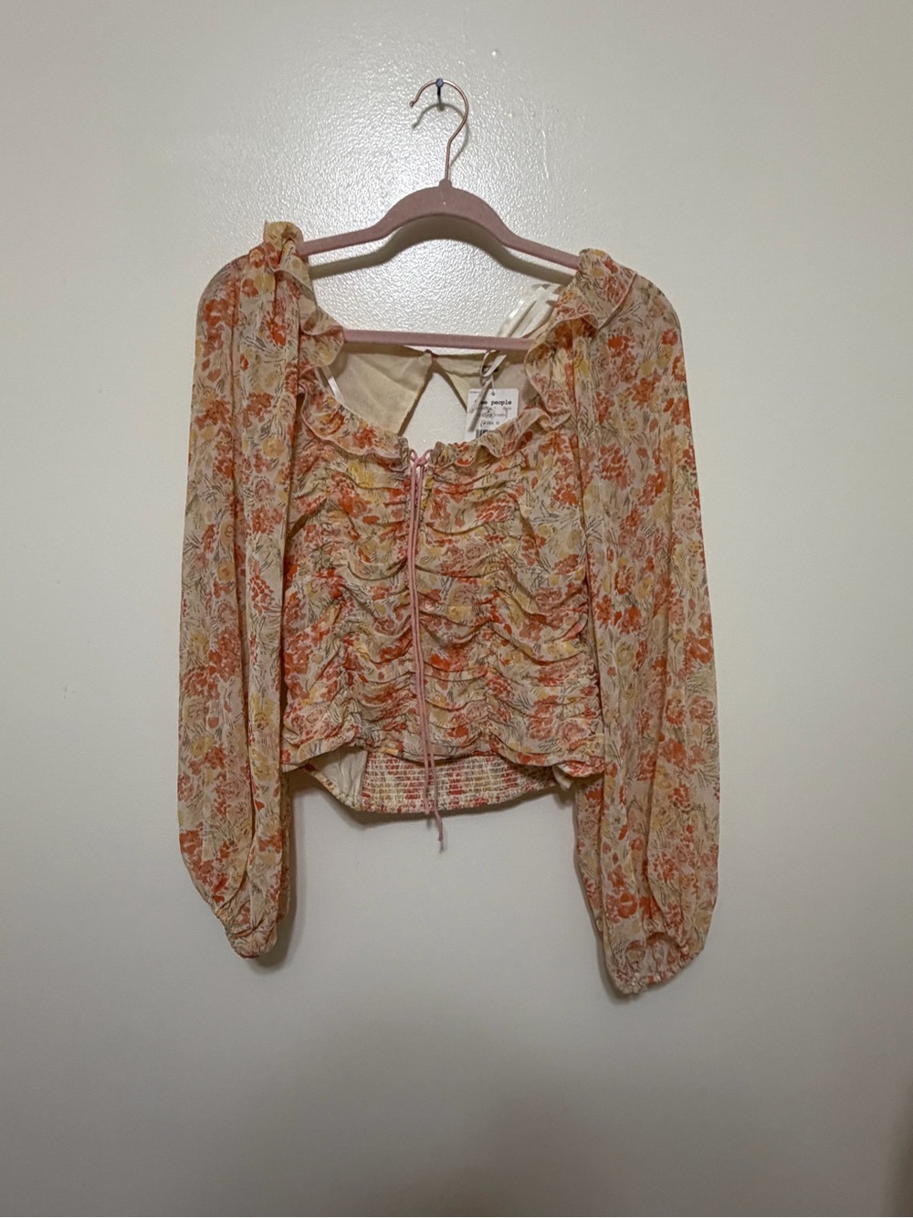 Free People Floral Ruffle Smocked Blouse - Cream & Orange